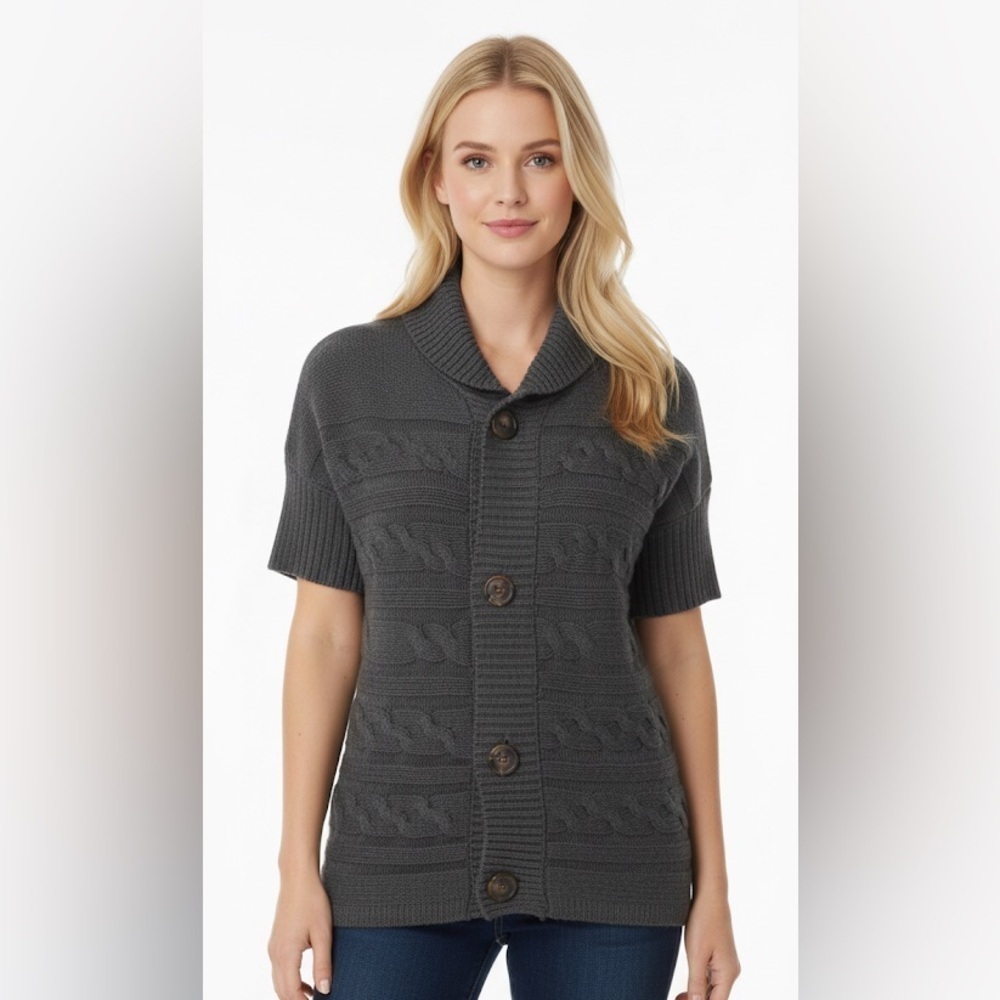 Talbots large grey cable knit button up sweater